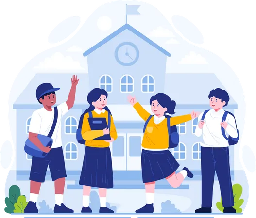 Students greeting each other in front of the school building  Illustration