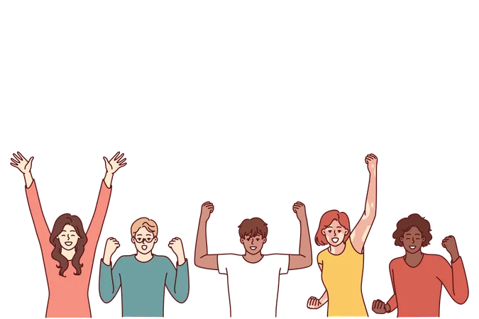 Delighted Diverse People Making Victory Gestures With Hands Enjoying Joint Success Team Of Emotional People In Casual Clothes Celebrating Common Victory Or Completion Of Difficult Project Illustration