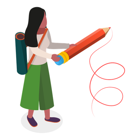 Students Holding Giant Pencil  Illustration