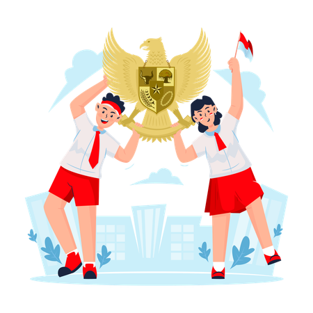 Students holding Indonesian garuda symbol celebrating pancasila day  Illustration