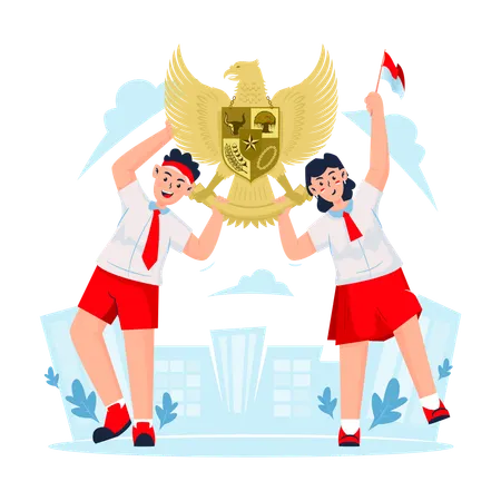 Students holding Indonesian garuda symbol celebrating pancasila day  Illustration