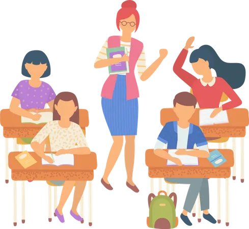 Pupils Sitting At Desktop And Writing Teacher Holding Books Education In Classroom Back To School Girl And Boy Learning People Study Flat Cartoon School Teacher Between Students Sitting At Desks Illustration