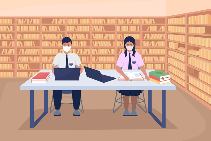 Students in library wearing mask Illustration