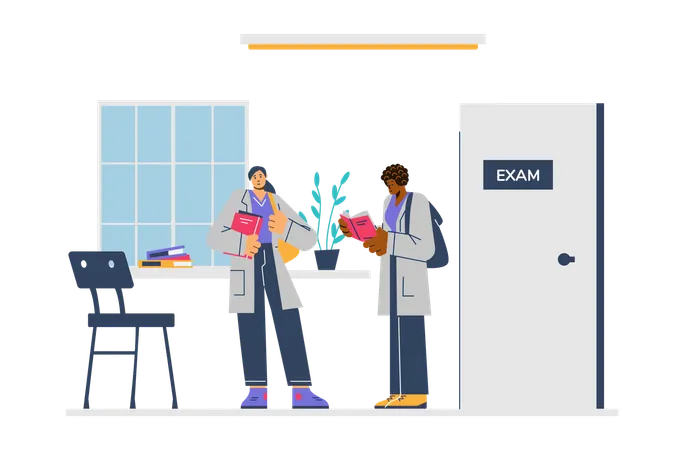 Students in medical gowns standing at door with inscription exam  Illustration