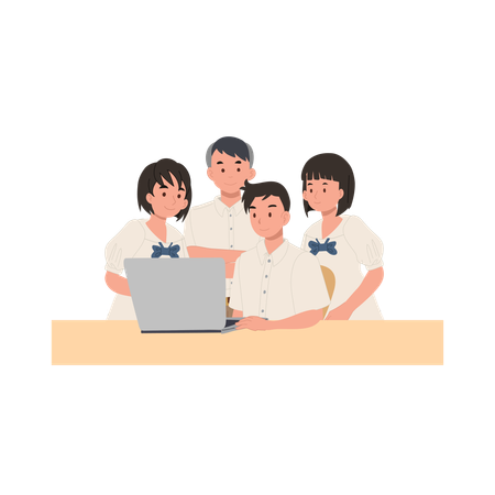 Students in school uniforms studying on laptop  Illustration