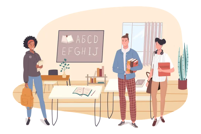 School Web Concept Students Learn At Language Course At Classroom Multiracial Teenage Classmates Study In College Together People Scenes Template Vector Illustration Of Characters In Flat Design Illustration