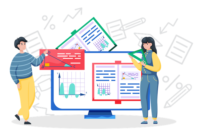 Students learn math on learning platform  일러스트레이션