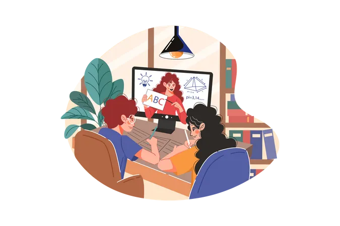 Students learning and discussing with online teacher  イラスト