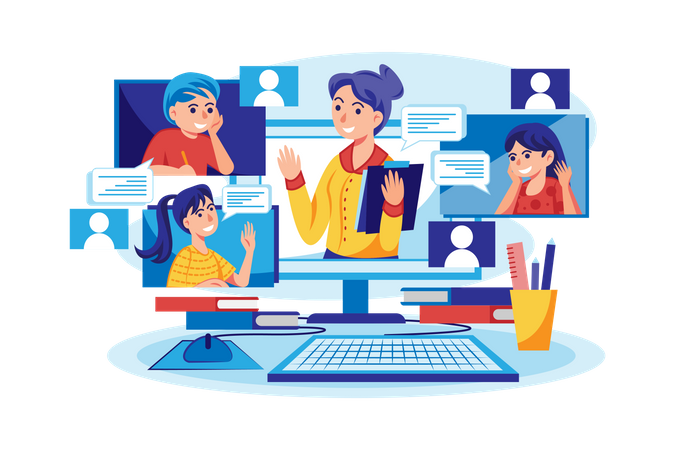 Students learning and discussing with online teacher  Illustration