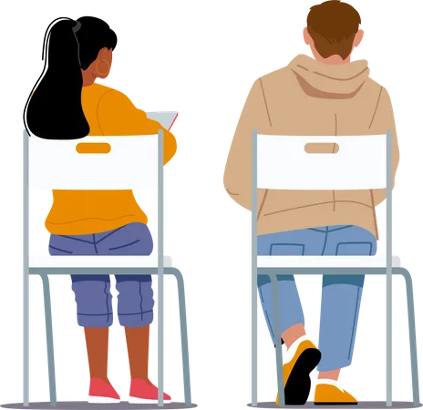 Lecture Participants Sitting On Chairs Back View People Writing Notes Listen Lecture Young Man And Woman Students Characters Rear View University And College Listeners Cartoon Vector Illustration Illustration
