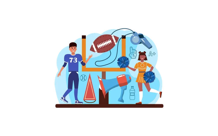 Physical Education Or School Sport Class Web Banner Or Landing Page Set American Football School Team Club Students Doing Excercise In The Gym With Sport Equipment Flat Vector Illustration イラスト
