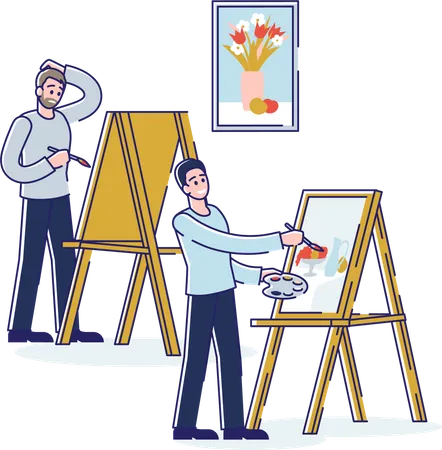 Art School Human Creativity And Talents Male Characters Painting Still Life At Art School With Watercolor Artists Paint Pictures On Easels Cartoon Linear Outline Flat Style Vector Illustration Illustration