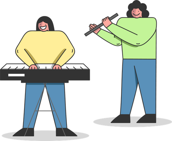 Students learning to play synthesizer Illustration