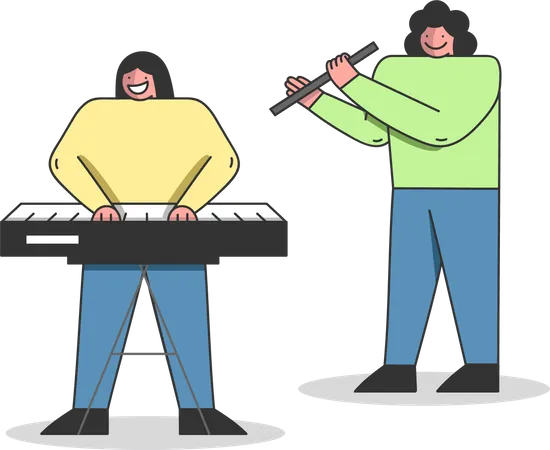 Students learning to play synthesizer Illustration