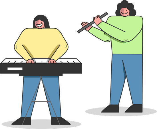 Students learning to play synthesizer  Illustration