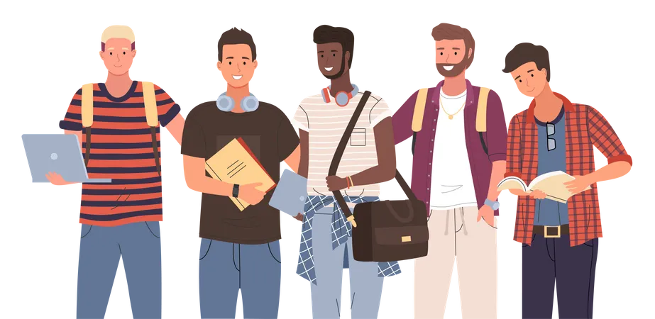 Diverse College University Students Standing In Line Group Of Young People Multicultural Men Multinational Male Characters Students Of Educational Institution University With Books And Laptops Illustration