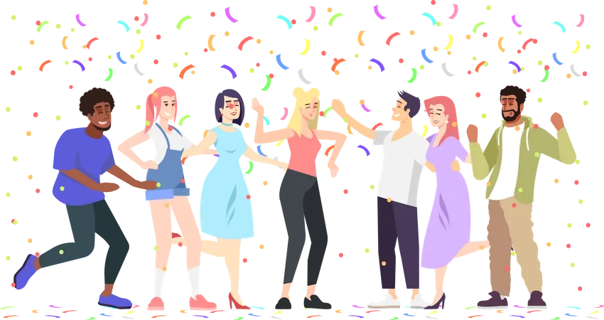 Students Dancing Having Fun Vector Illustration Young People Teenagers Energetic Movements Party Event Music Festival Birthday Celebration Relax With Multicolored Paper Confetti Ribbons Illustration