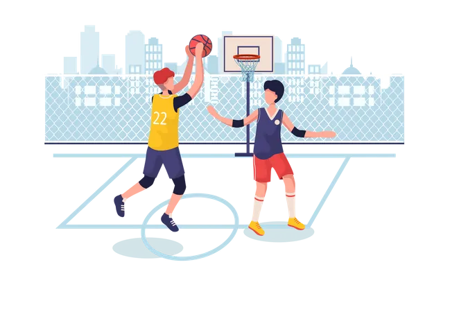 Students playing basketball at ground Illustration