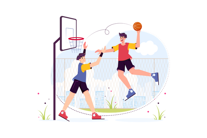 Students playing basketball on the ground Illustration