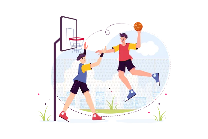 Students playing basketball on the ground Illustration