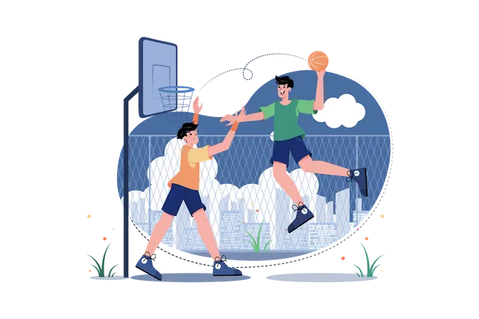 Students Playing Basketball On The Ground  Illustration