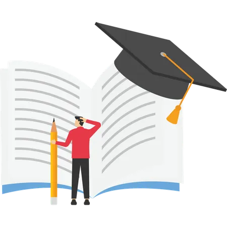 Tiny Male Character Reading And Thinking In Front Of Huge Book Students Spend Time In Library Or Prepare For Test Examination Cartoon People Vector Illustration Illustration