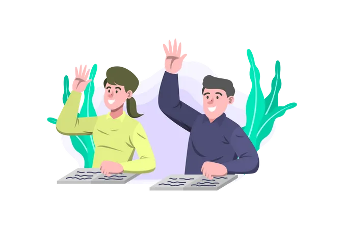 Students raising hand in classroom Illustration