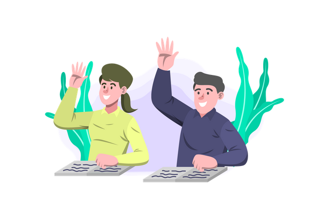 Students raising hand in classroom  Illustration