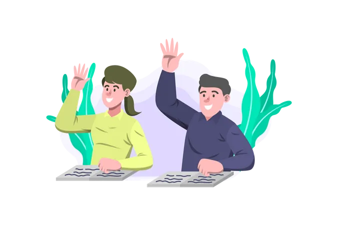 Students raising hand in classroom  Illustration