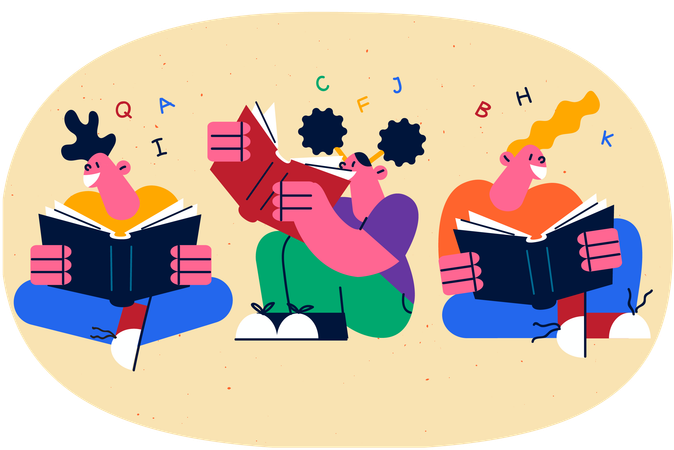 Students reading book in classroom  Illustration