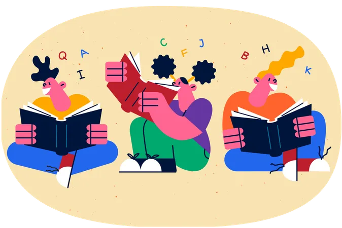 Students reading book in classroom  Illustration
