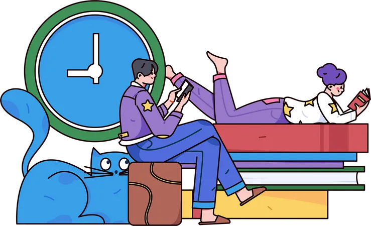 Students reading books on time  Illustration