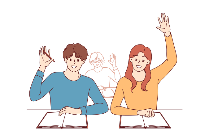 Students receive education sitting at desks at university and raising hands up Illustration