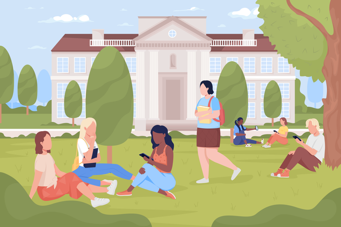 Students resting in university park  Illustration