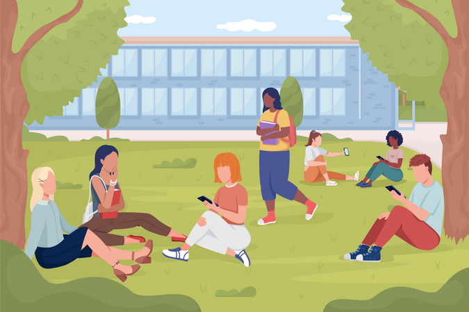 Students resting on garden lawn near college  Illustration
