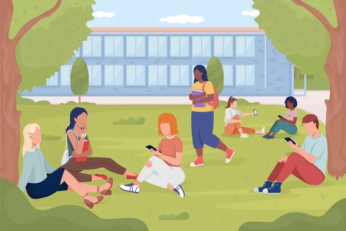 Students Resting On Garden Lawn Near College Flat Color Vector Illustration University Park Place To Rest Fully Editable 2 D Simple Cartoon Characters With Landscape On Background Illustration
