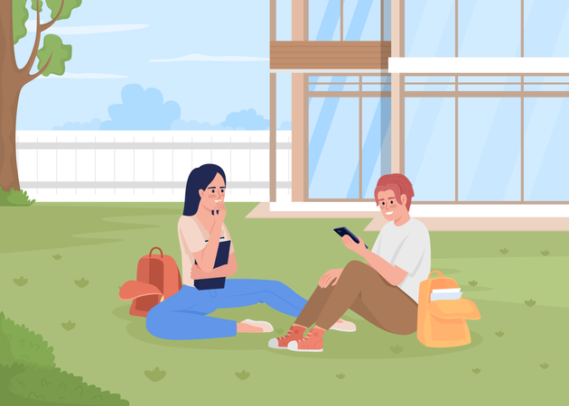 Students resting on lawn  Illustration