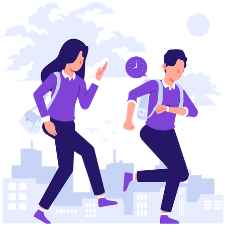 Students running late for school  Illustration