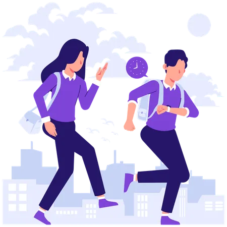Students running late for school  Illustration