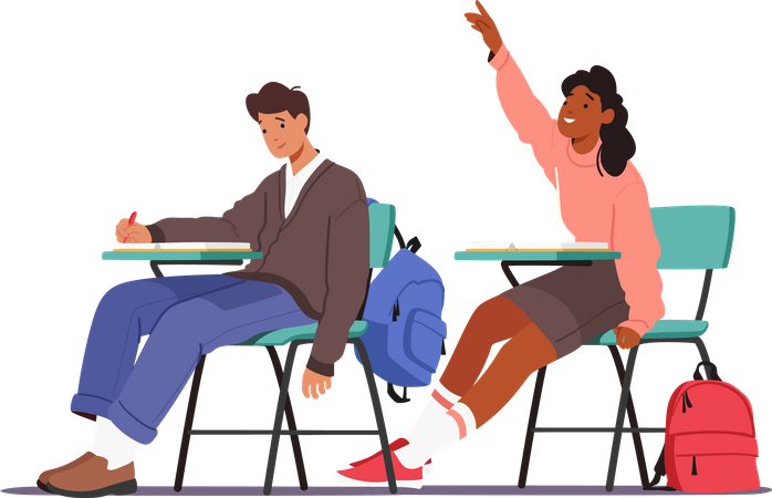Students sitting on desk in classroom Illustration