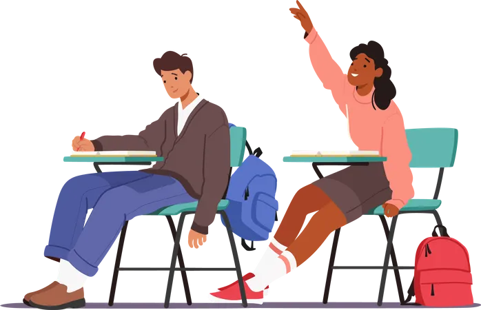 Students sitting on desk in classroom Illustration