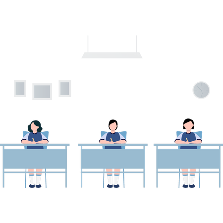 Students sitting on desks in classroom Illustration