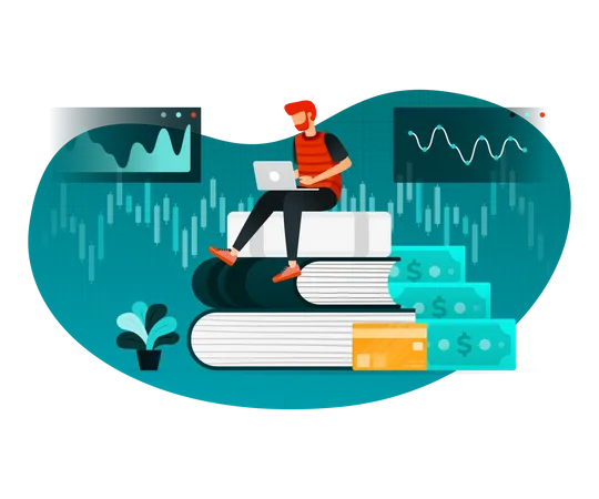 Illustration Of Students Studying Finance Male Student Sitting On A Pile Of Books To Study Economics Business And Finance For Website Web Poster Illustration