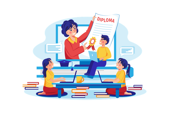 Students Studying In Online Degree Program  イラスト