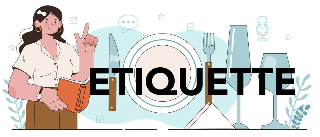 Etiquette Typographic Header Students Training Good Manners Behaving Kids Children Learning Table Table Etiquette And Communication Rules Flat Vector Illustration イラスト