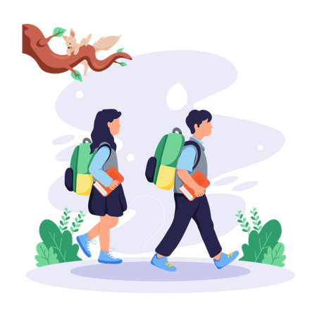 Students Walking while going to school  Illustration