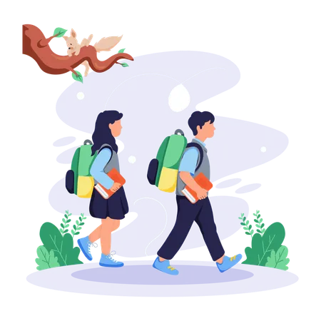 Students Walking while going to school  Illustration