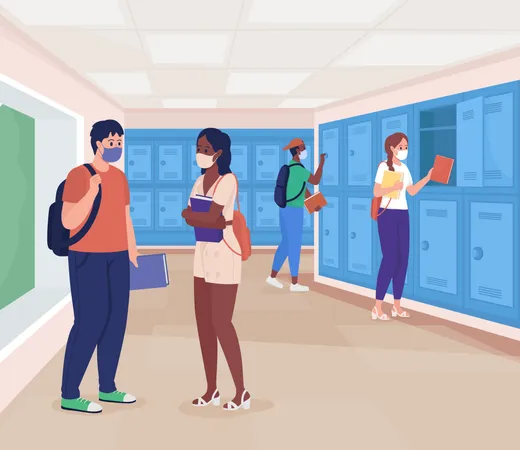 Students wearing face mask talking in corridor Illustration
