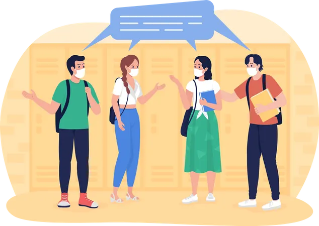 Students wearing face mask talking in corridor  Illustration