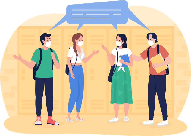 Students wearing face mask talking in corridor  Illustration